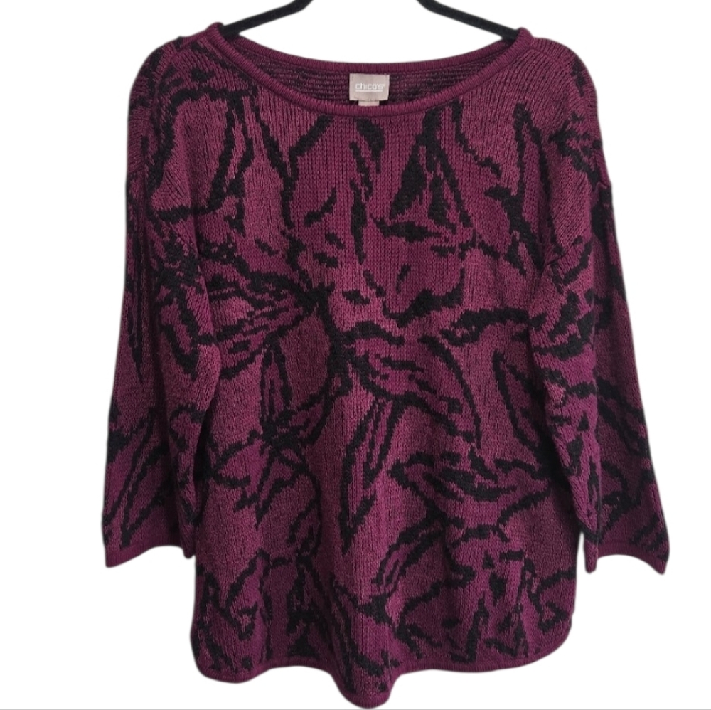 Chico's Sweater Size 2 | Large Purple Black Floral 3/4 Length Sleeves Knit